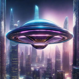 A highly detailed image of an alien spaceship hovering above a futuristic cityscape