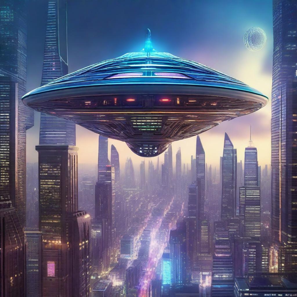 A highly detailed image of an alien spaceship hovering above a futuristic cityscape