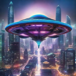 A highly detailed image of an alien spaceship hovering above a futuristic cityscape