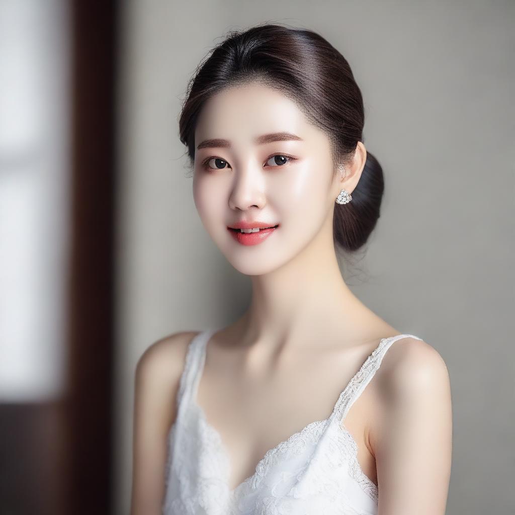 A young Korean girl with perfect soft skin and detailed facial features