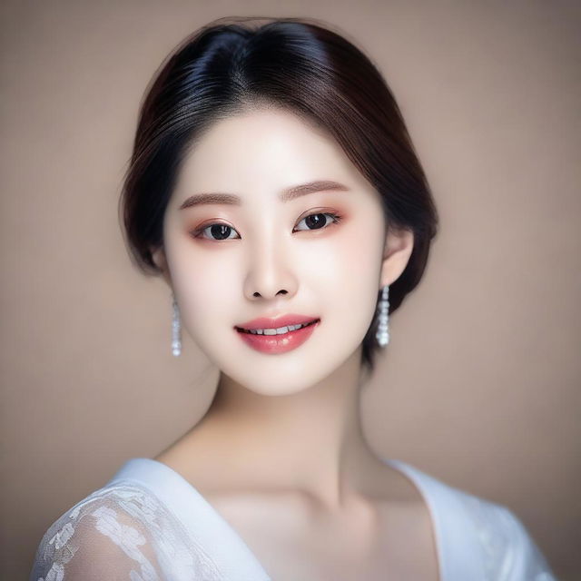 A young Korean girl with perfect soft skin and detailed facial features