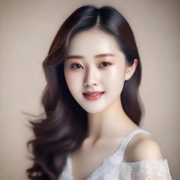 A young Korean girl with perfect soft skin and detailed facial features