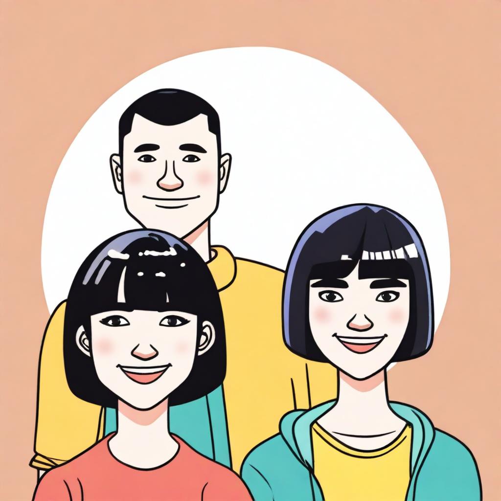 A cartoon drawing of a white man with short black hair and a woman with straight hair and bangs