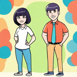 A cartoon drawing of a white man with short black hair and a woman with straight hair and bangs