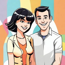 A cartoon drawing of a white man with short black hair and a woman with straight hair and bangs