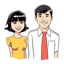 A cartoon drawing of a white man with short black hair and a woman with straight hair and bangs