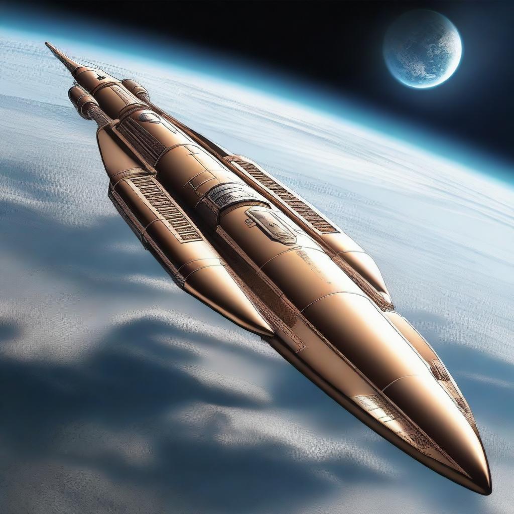 A long cigar-shaped spaceship equipped with cannons, hovering above the planet Earth