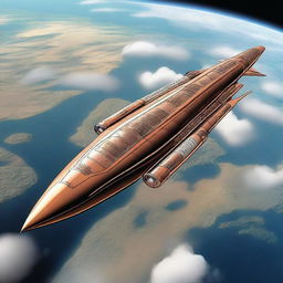 A long cigar-shaped spaceship equipped with cannons, hovering above the planet Earth