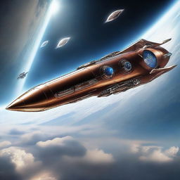 A long cigar-shaped spaceship equipped with cannons, hovering above the planet Earth