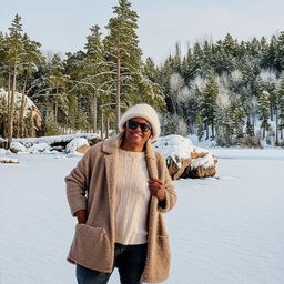 A typical local of Minnesota in warm winter clothing, standing against a backdrop of a picturesque snowy landscape, replete with pine trees and a frozen lake.