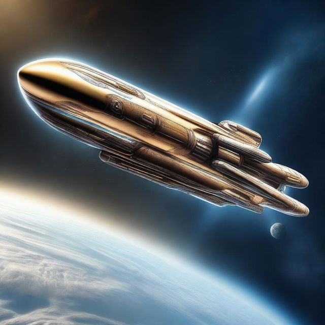 A long cigar-shaped spaceship equipped with cannons, hovering above the planet Earth