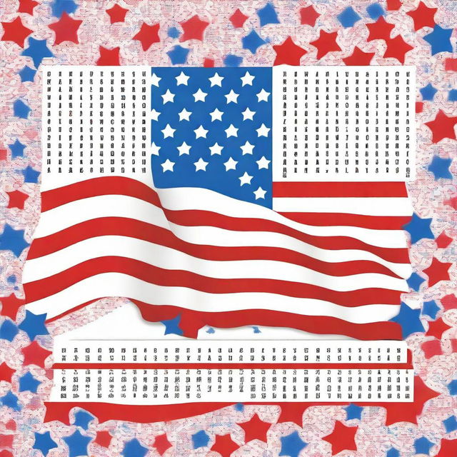 A festive and patriotic word search puzzle themed around Independence Day, July 4th