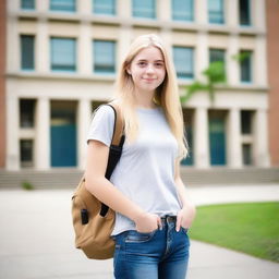 A young blonde college girl, around 19 years old, with a slim build, wearing casual student attire like jeans and a t-shirt, holding a backpack, and standing in front of a university building