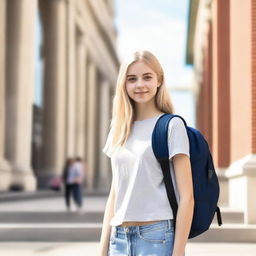 A young blonde college girl, around 19 years old, with a slim build, wearing casual student attire like jeans and a t-shirt, holding a backpack, and standing in front of a university building