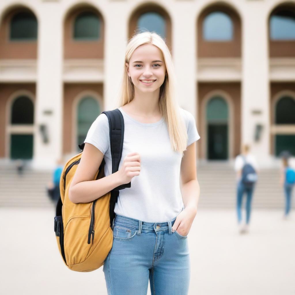 A young blonde college girl, around 19 years old, with a slim build, wearing casual student attire like jeans and a t-shirt, holding a backpack, and standing in front of a university building