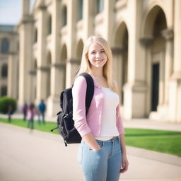 A young blonde college girl, around 19 years old, with a slim build, wearing casual student attire like jeans and a t-shirt, holding a backpack, and standing in front of a university building