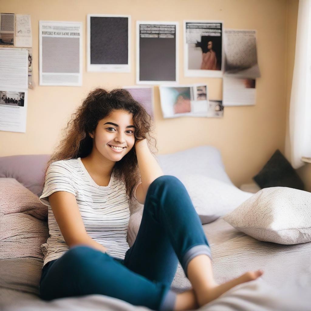 An 18-year-old college girl with a relaxed expression, laying on her bed in a dorm room