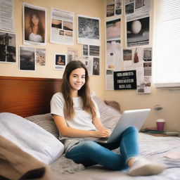 An 18-year-old college girl with a relaxed expression, laying on her bed in a dorm room