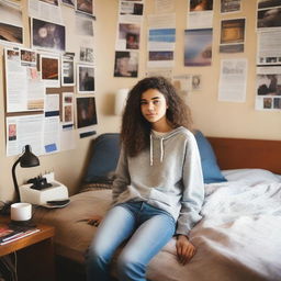 An 18-year-old college girl with a relaxed expression, laying on her bed in a dorm room