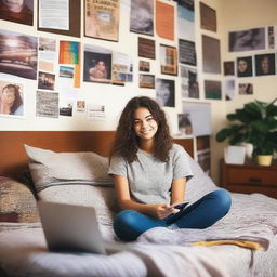 An 18-year-old college girl with a relaxed expression, laying on her bed in a dorm room