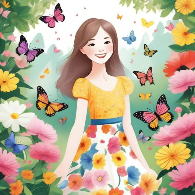 A detailed illustration of a cheerful girl with a bright smile, wearing a colorful dress, standing in a beautiful garden filled with vibrant flowers and butterflies