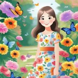 A detailed illustration of a cheerful girl with a bright smile, wearing a colorful dress, standing in a beautiful garden filled with vibrant flowers and butterflies