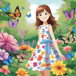 A detailed illustration of a cheerful girl with a bright smile, wearing a colorful dress, standing in a beautiful garden filled with vibrant flowers and butterflies