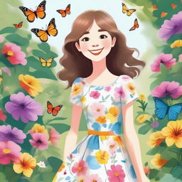 A detailed illustration of a cheerful girl with a bright smile, wearing a colorful dress, standing in a beautiful garden filled with vibrant flowers and butterflies