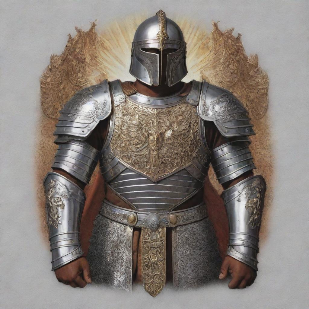 A detailed and visually striking image of a t-shirt featuring the armor of God, divine and majestic.