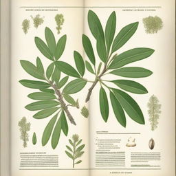 A book cover depicting the Prosopis pallida plant with detailed illustrations of its various parts and their uses