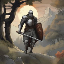 An intense illustration of a medieval traveling knight coming out of a forested hill