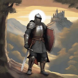 An intense illustration of a medieval traveling knight coming out of a forested hill