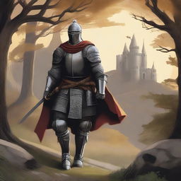 An intense illustration of a medieval traveling knight coming out of a forested hill