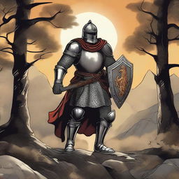 An intense illustration of a medieval traveling knight coming out of a forested hill