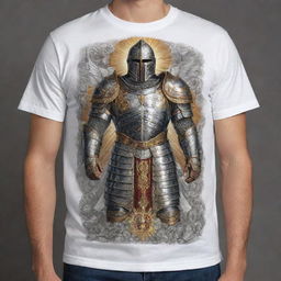 A detailed and visually striking image of a t-shirt featuring the armor of God, divine and majestic.