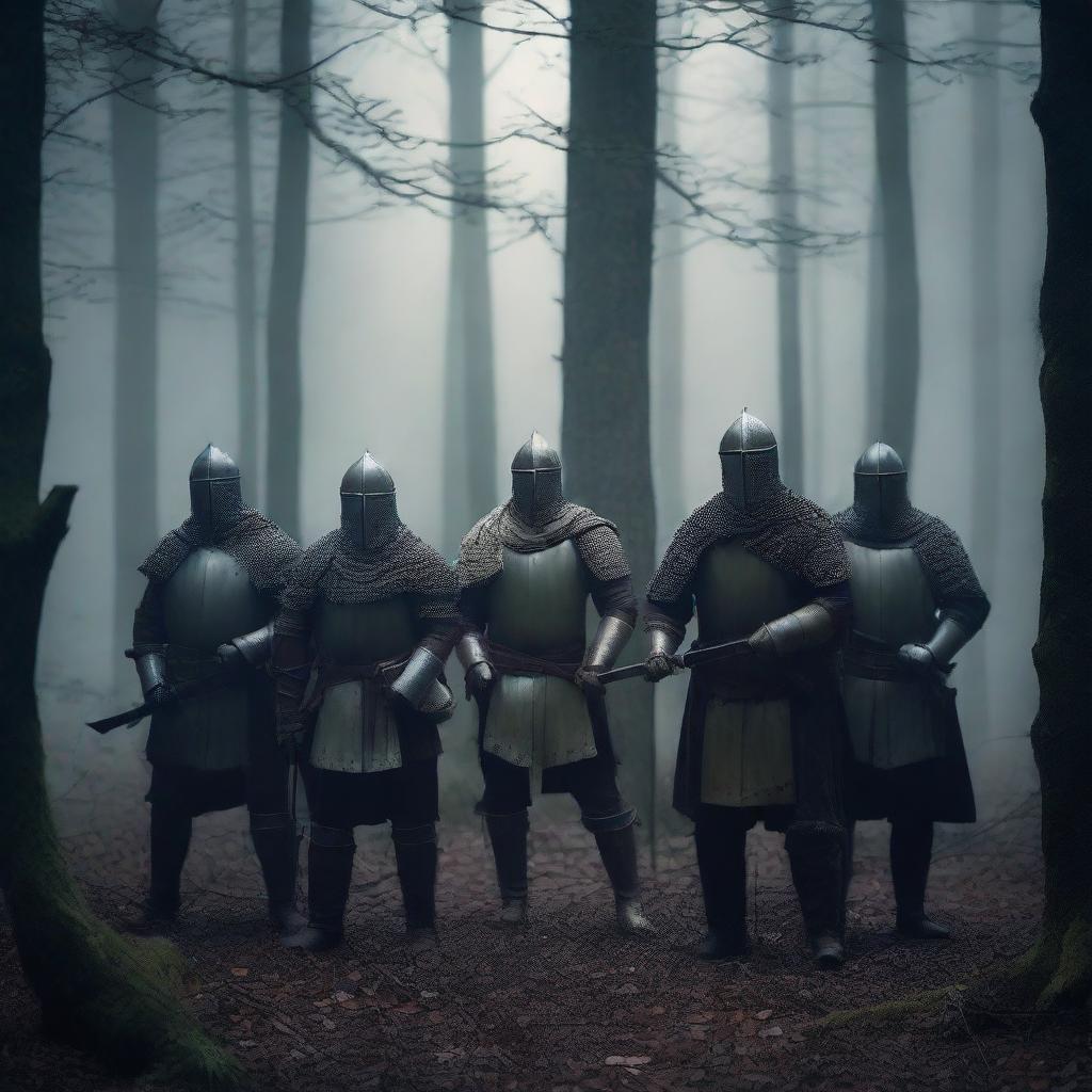 A group of warriors standing in a dark, dense forest