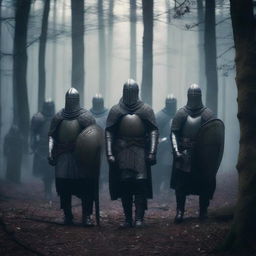 A group of warriors standing in a dark, dense forest