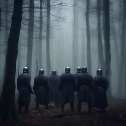 A group of warriors standing in a dark, dense forest