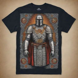 A detailed and visually striking image of a t-shirt featuring the armor of God, divine and majestic.