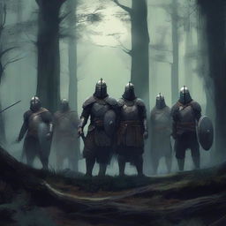 A group of warriors standing in a dark, dense forest