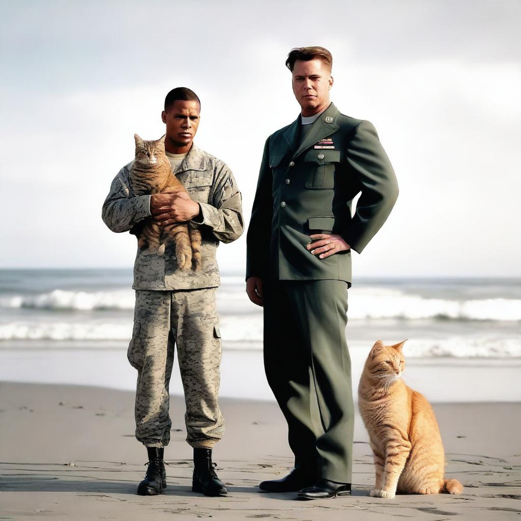 A US Air Force man standing on a beach with a large, man-sized tabby cat by his side