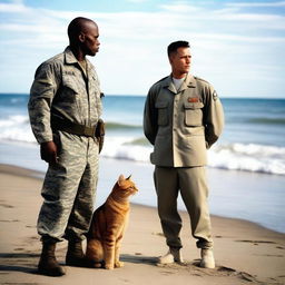 A US Air Force man standing on a beach with a large, man-sized tabby cat by his side