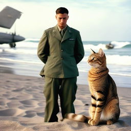 A US Air Force man standing on a beach with a large, man-sized tabby cat by his side