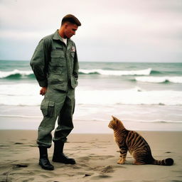 A US Air Force man standing on a beach with a large, man-sized tabby cat by his side