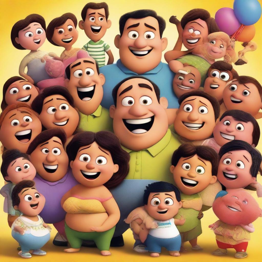 A Pixar movie poster featuring two Latin guys surrounded by many pregnant women and babies