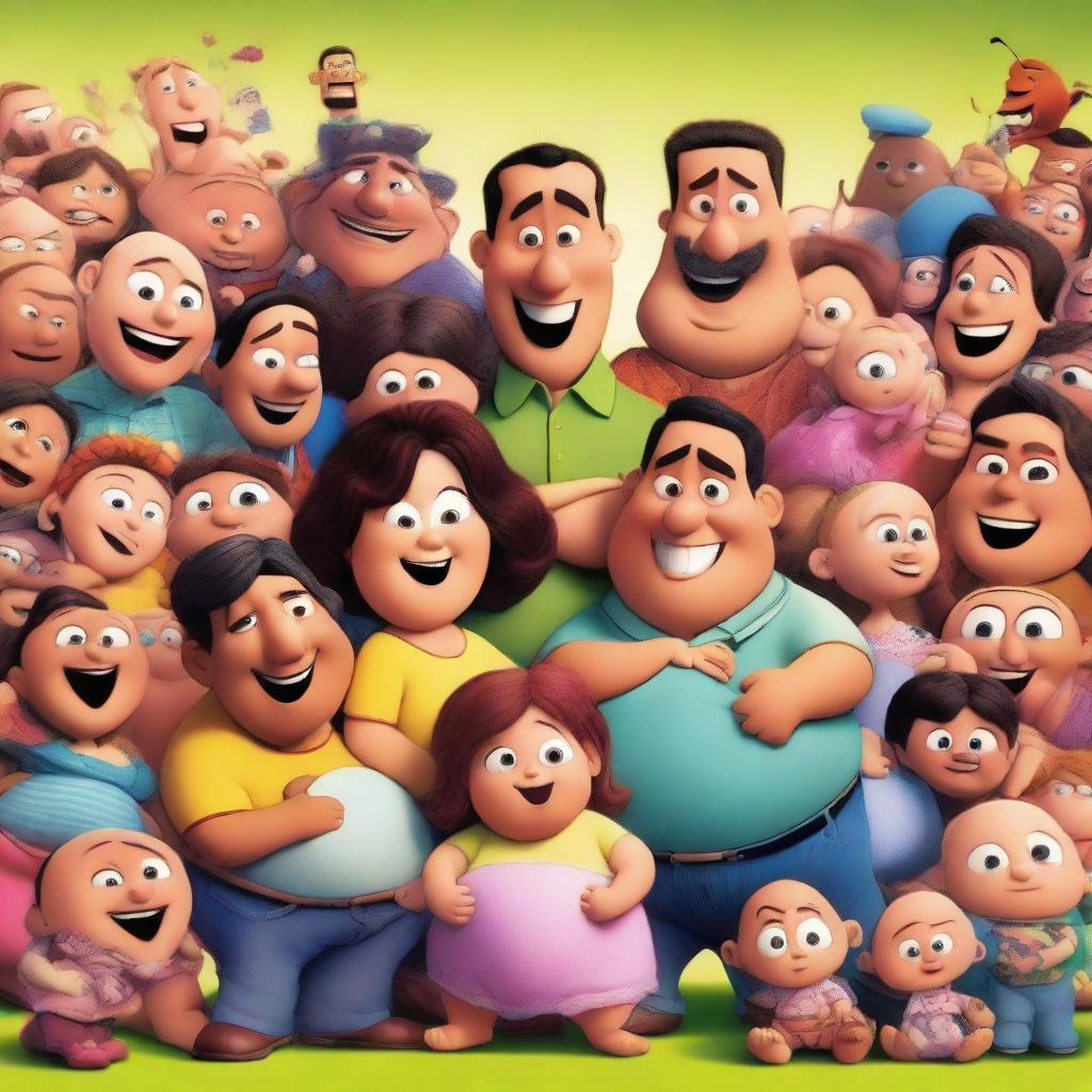 A Pixar movie poster featuring two Latin guys surrounded by many pregnant women and babies