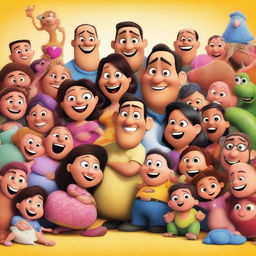 A Pixar movie poster featuring two Latin guys surrounded by many pregnant women and babies