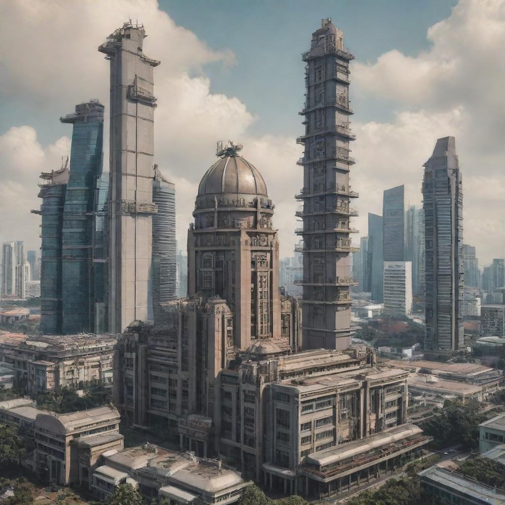 Singapore skyline reimagined in the dieselpunk style, incorporating elements of traditional Singaporean architecture with futuristic, industrial, dieselpunk machinery.