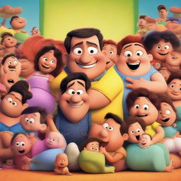 A Pixar movie poster featuring two Latin guys surrounded by many pregnant women and babies