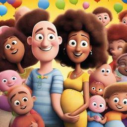 A Pixar movie poster featuring two young Latin guys, one bald with a long nose and the other with an afro haircut, surrounded by many pregnant women and babies